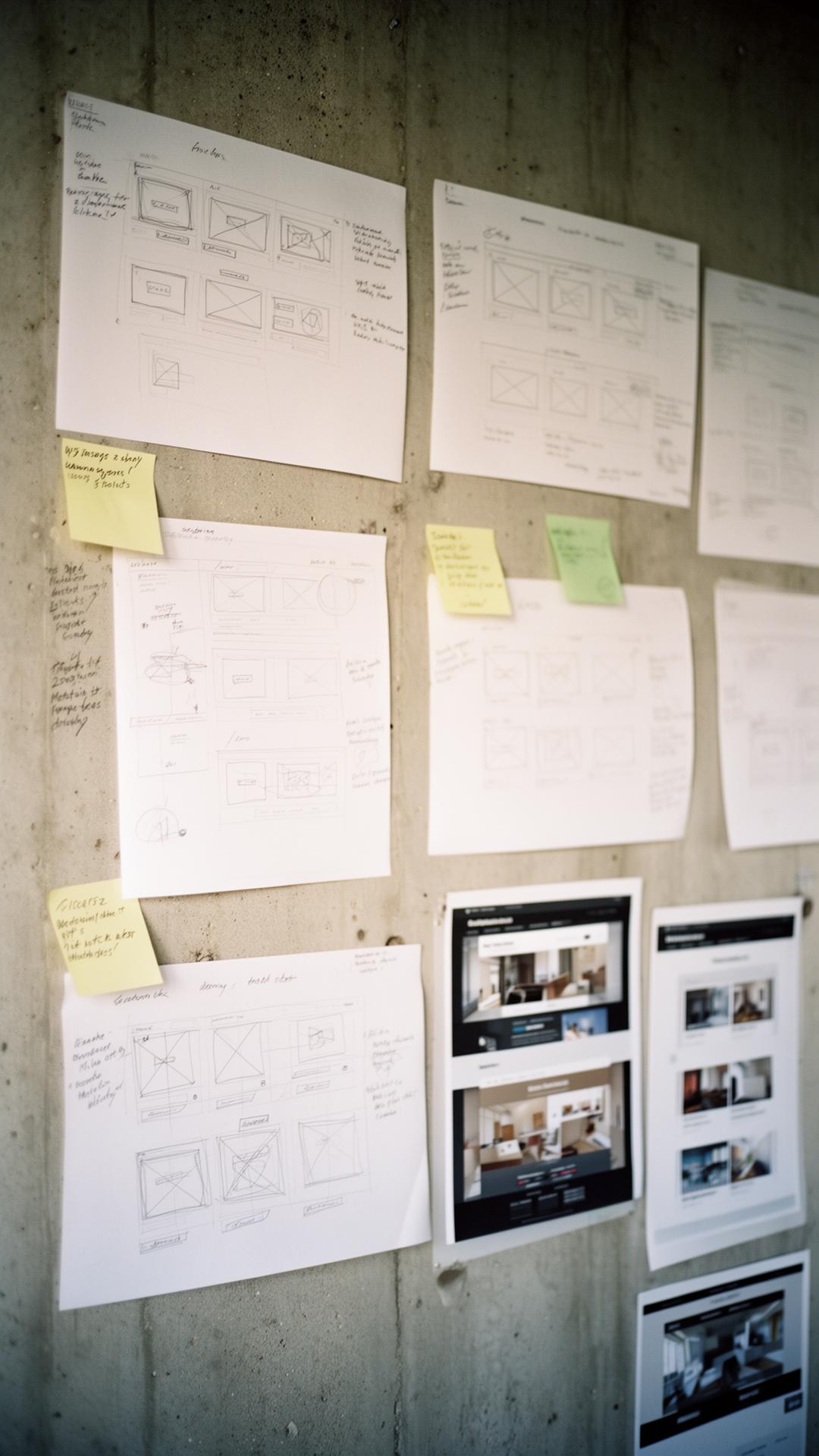 Hand-drawn sketches and wireframes for a client website project in development