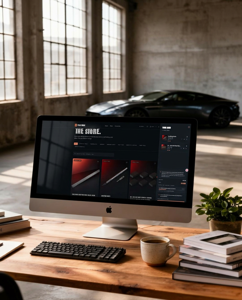 The TrueSite studio: a website design in progress on a large monitor in a concrete warehouse workspace.